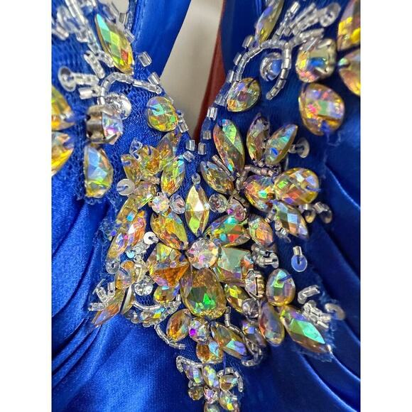 Tony Bowls Paris Pageant Gown Prom Wedding Sapphire Blue Jeweled Halter Train  6 - Picture 3 of 8